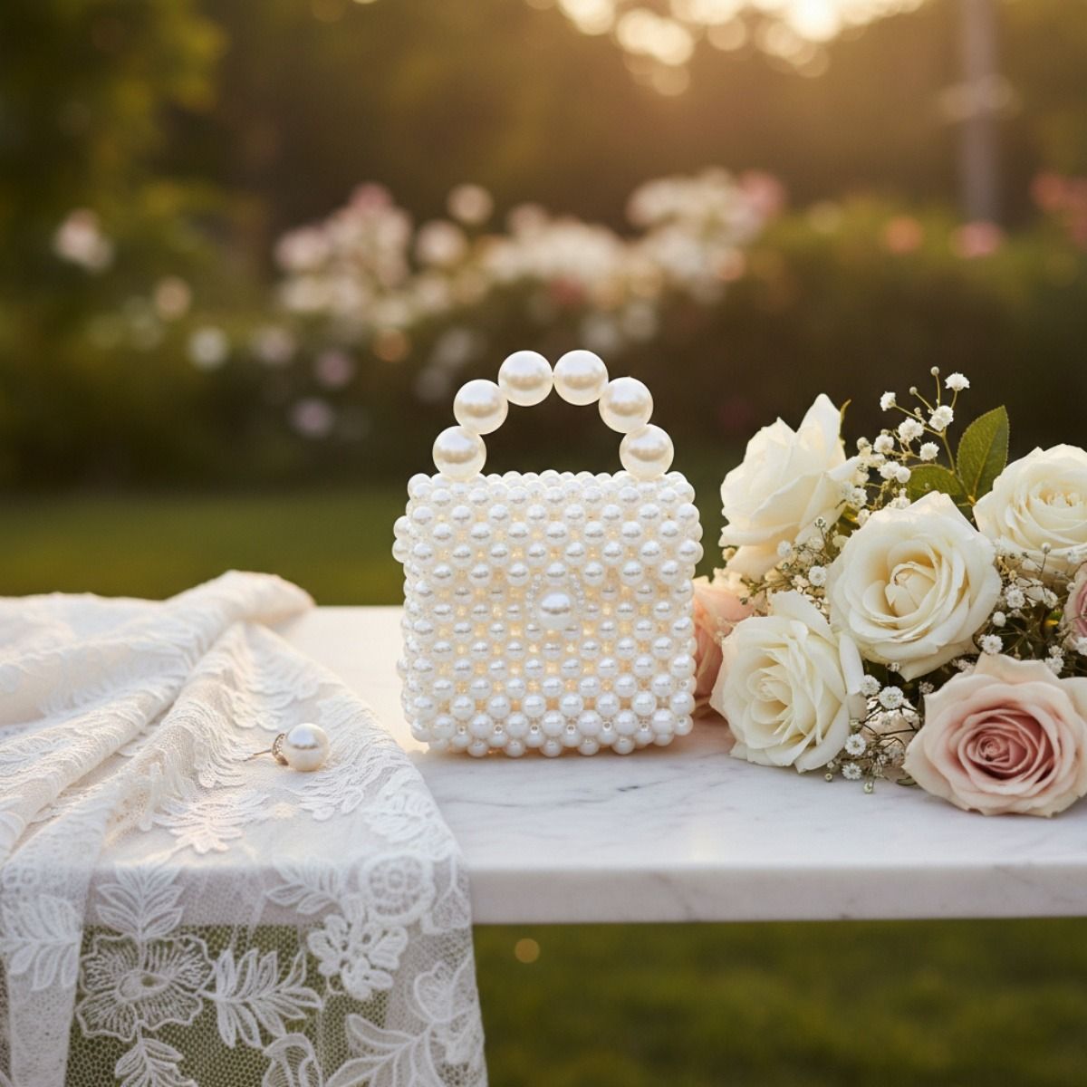 Micro Top Handle Cream Pearl Woven Handmade Bag