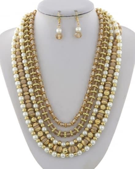 Pearl and Bling 5 Strand Necklace Set