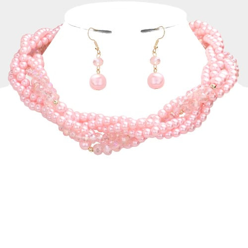 Pink Pearl Twisted Multistrand Necklace Set