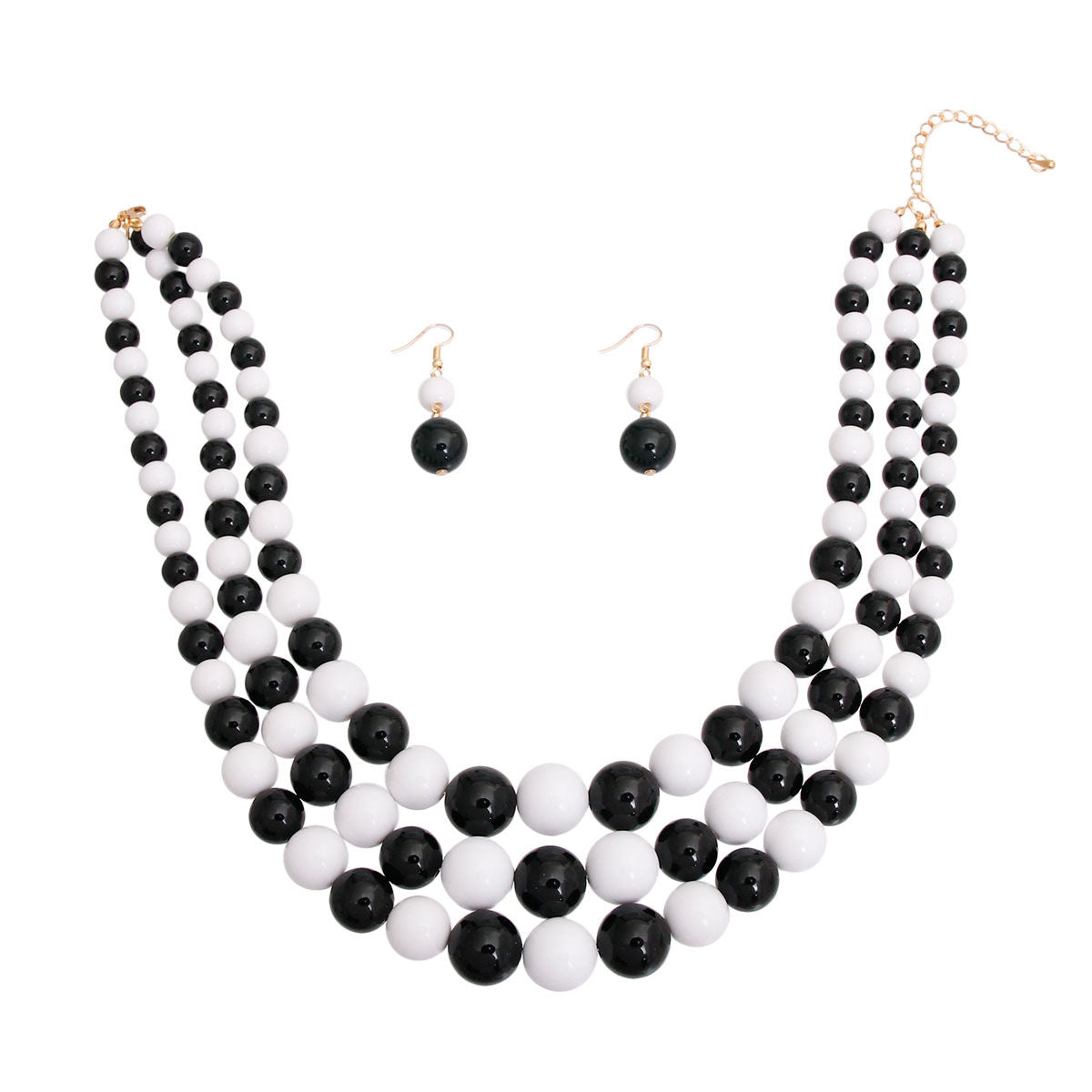 Black White Ball Bead Necklace Layered 3 Strand