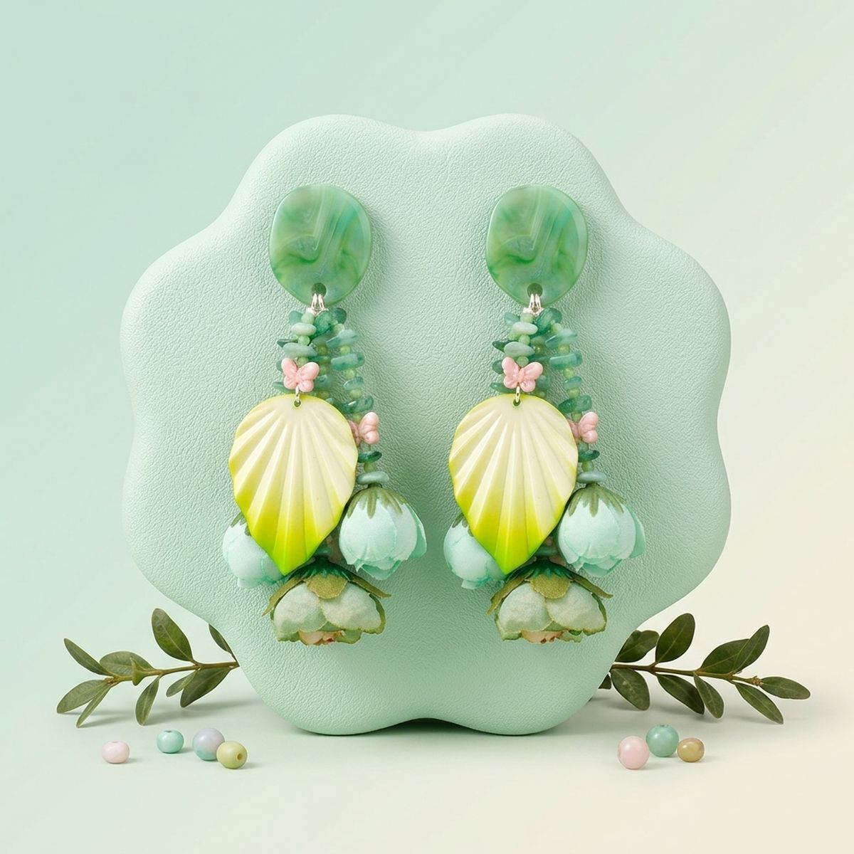 Green Oversized Enchanted Floral Drop Earrings
