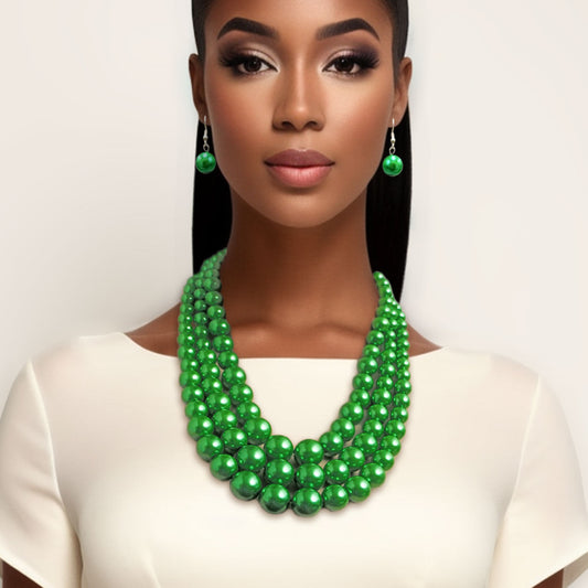 Multi Strand Green Pearl Necklace Set