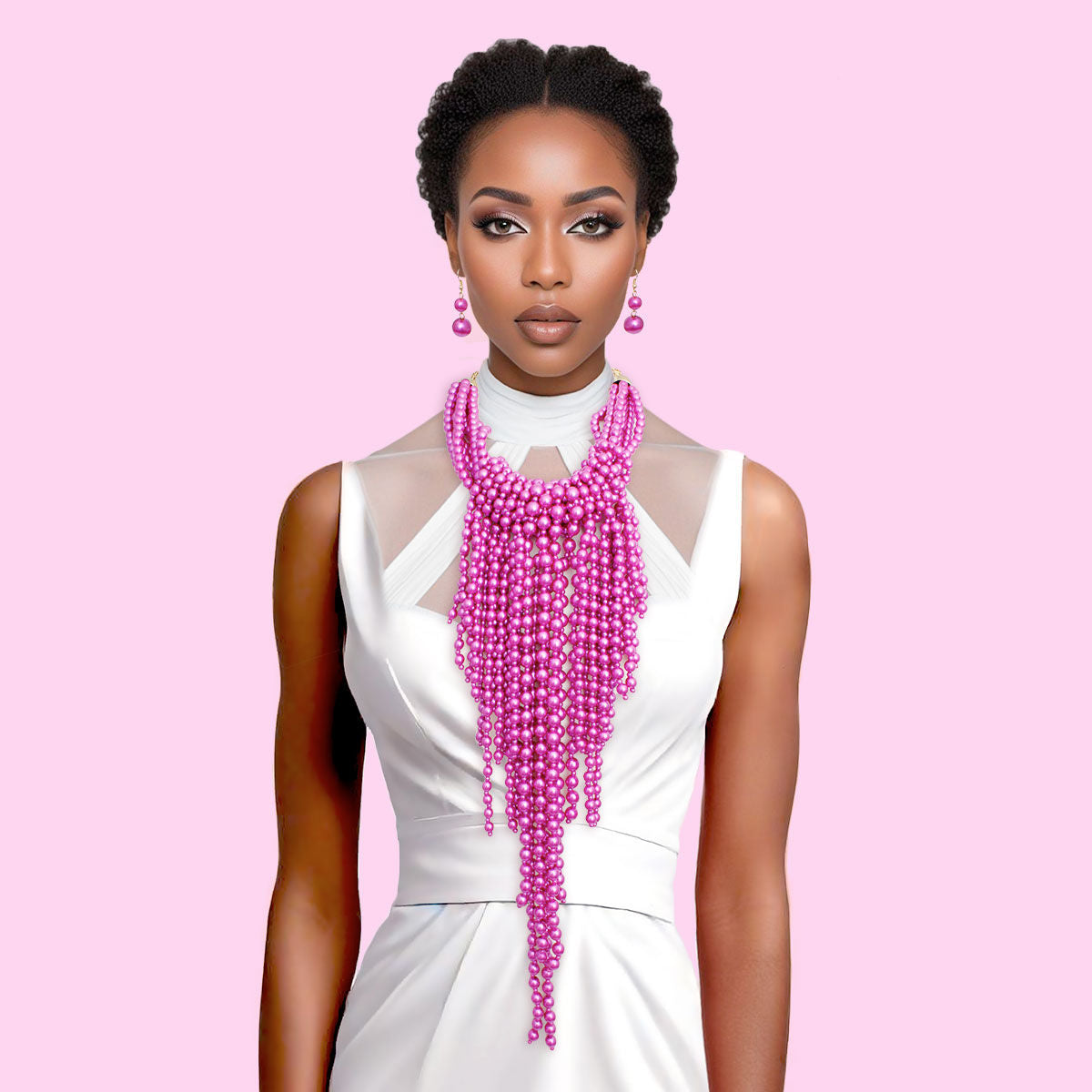 Fuchsia Pearl Fringe Necklace Set