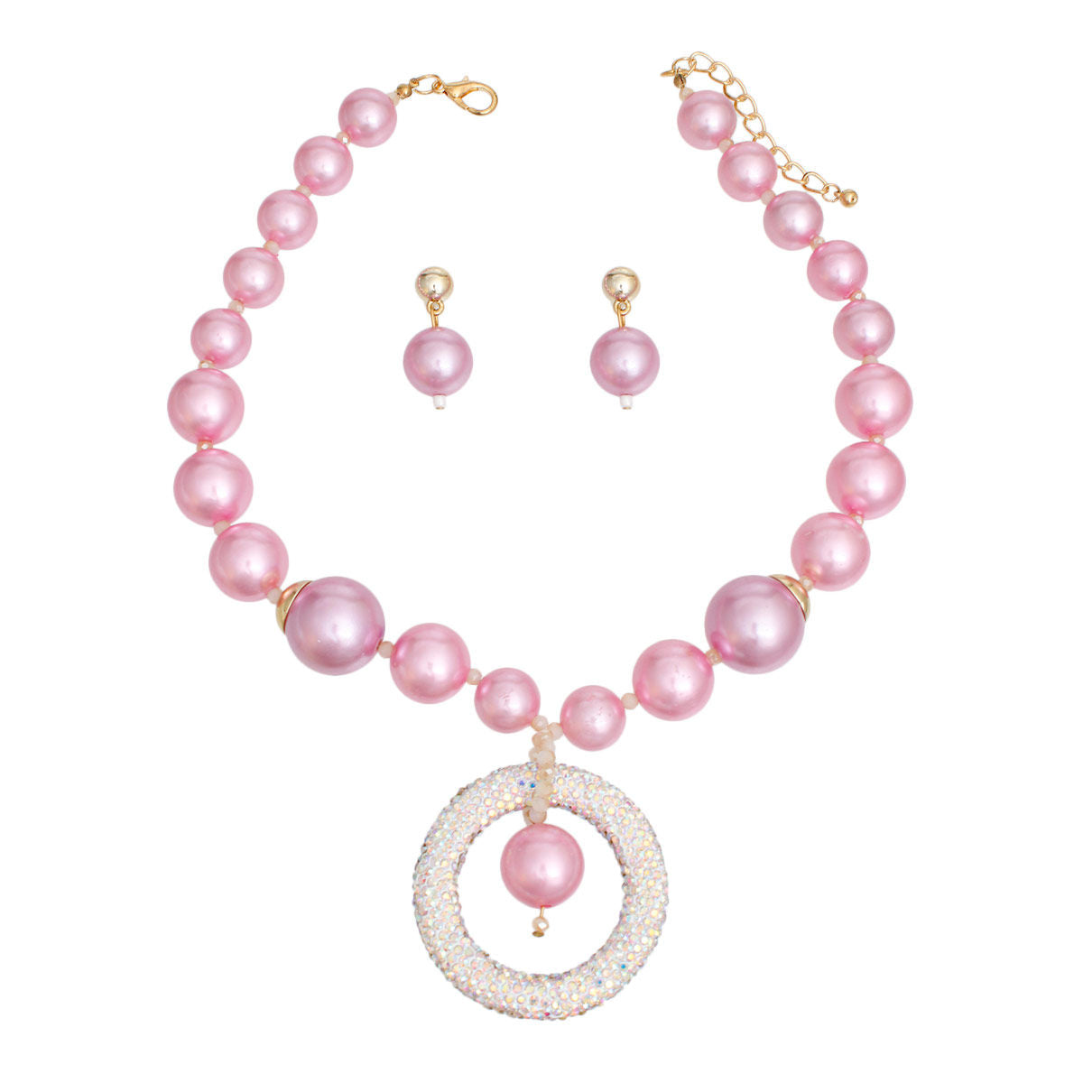 Necklace Pink Pearl Ring Pendant Set for Women