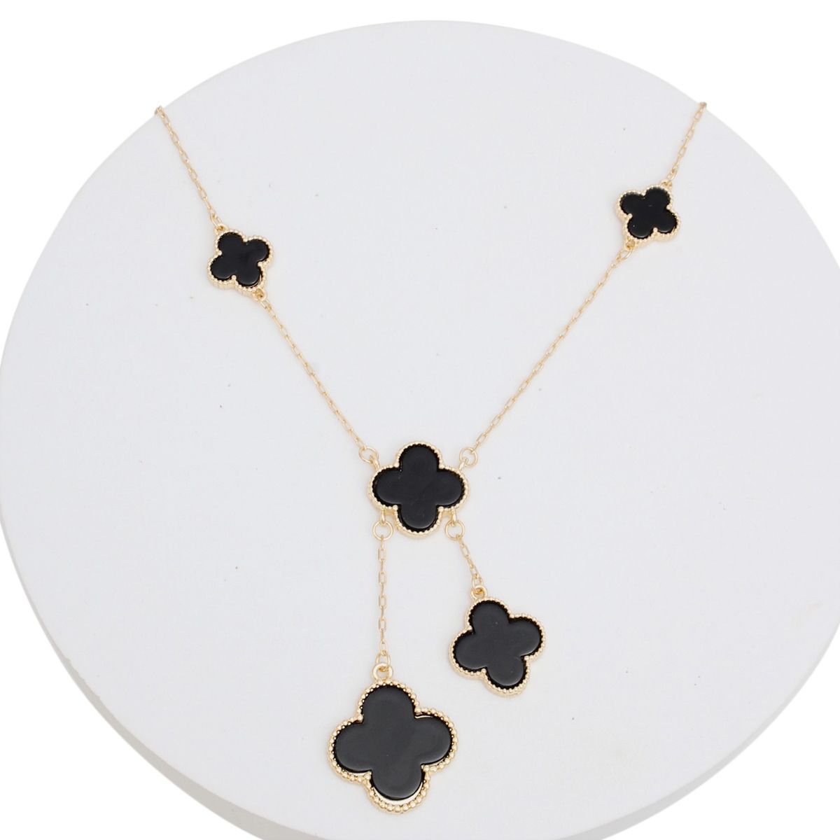 Charm Drop Black Quatrefoil Clover Gold Necklace