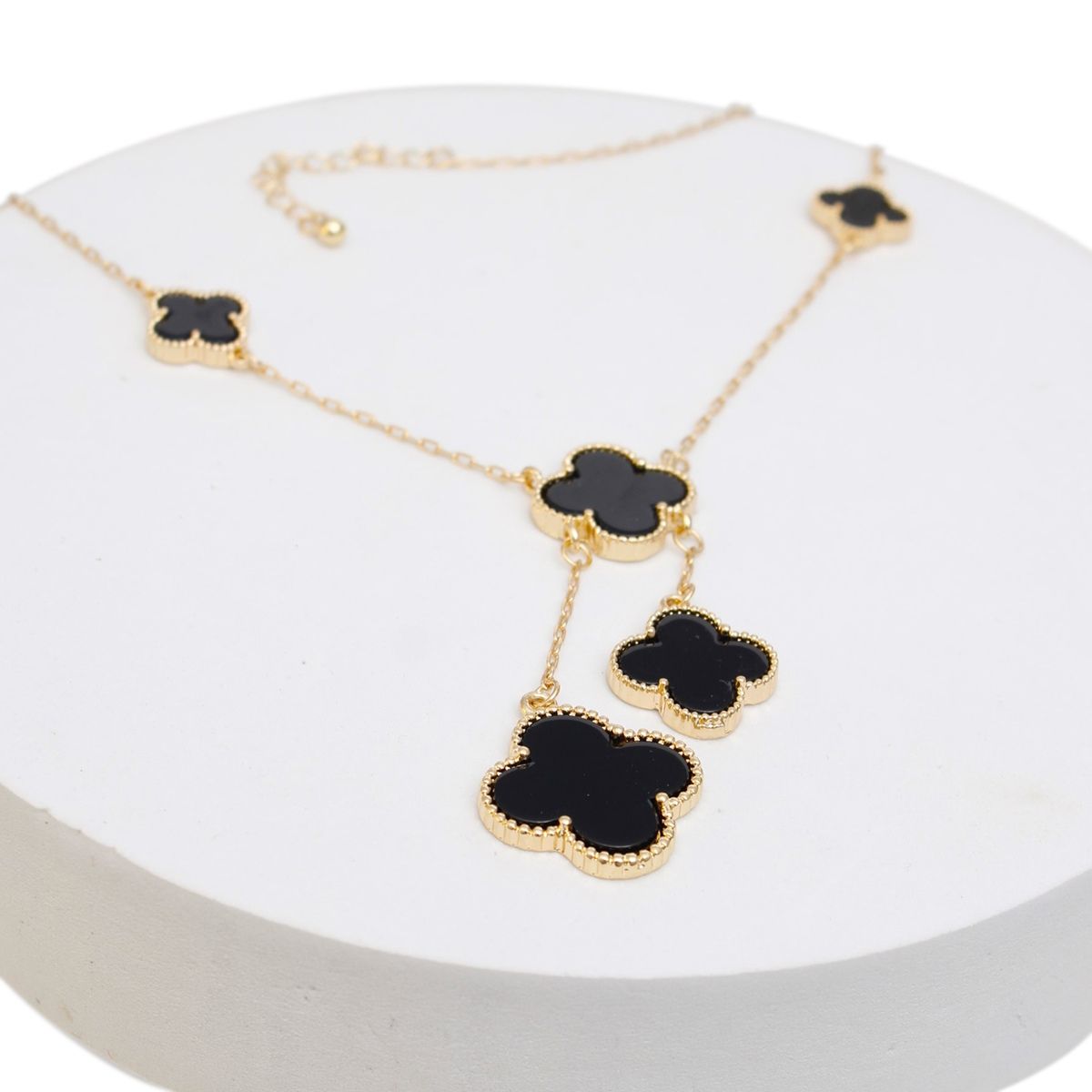 Charm Drop Black Quatrefoil Clover Gold Necklace