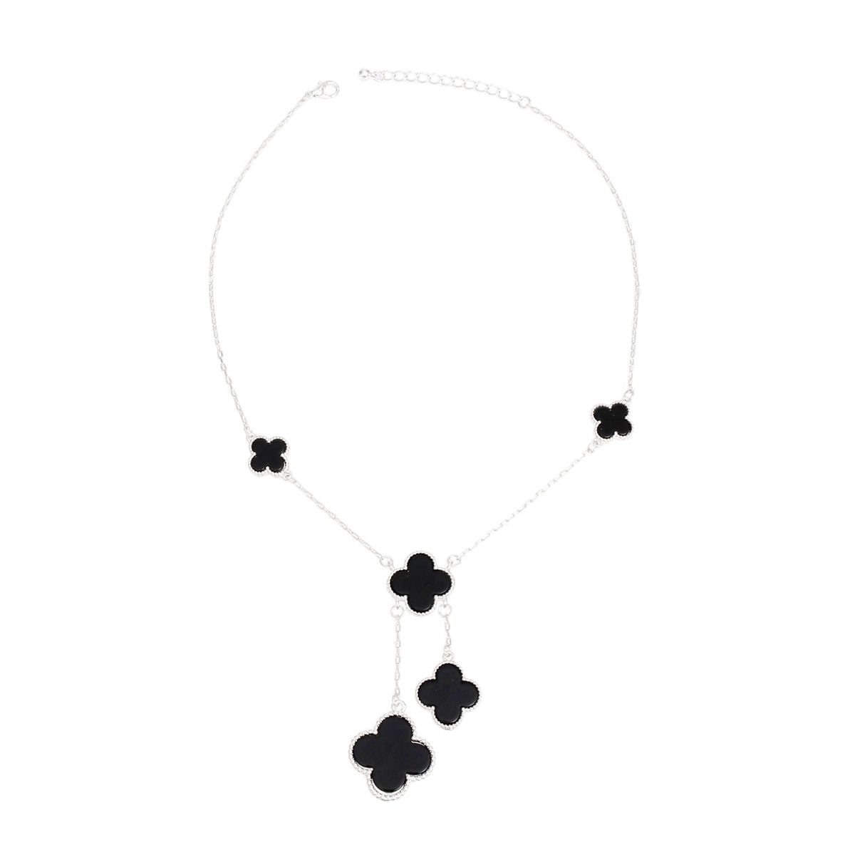 Charm Drop Black Quatrefoil Clover Silver Necklace