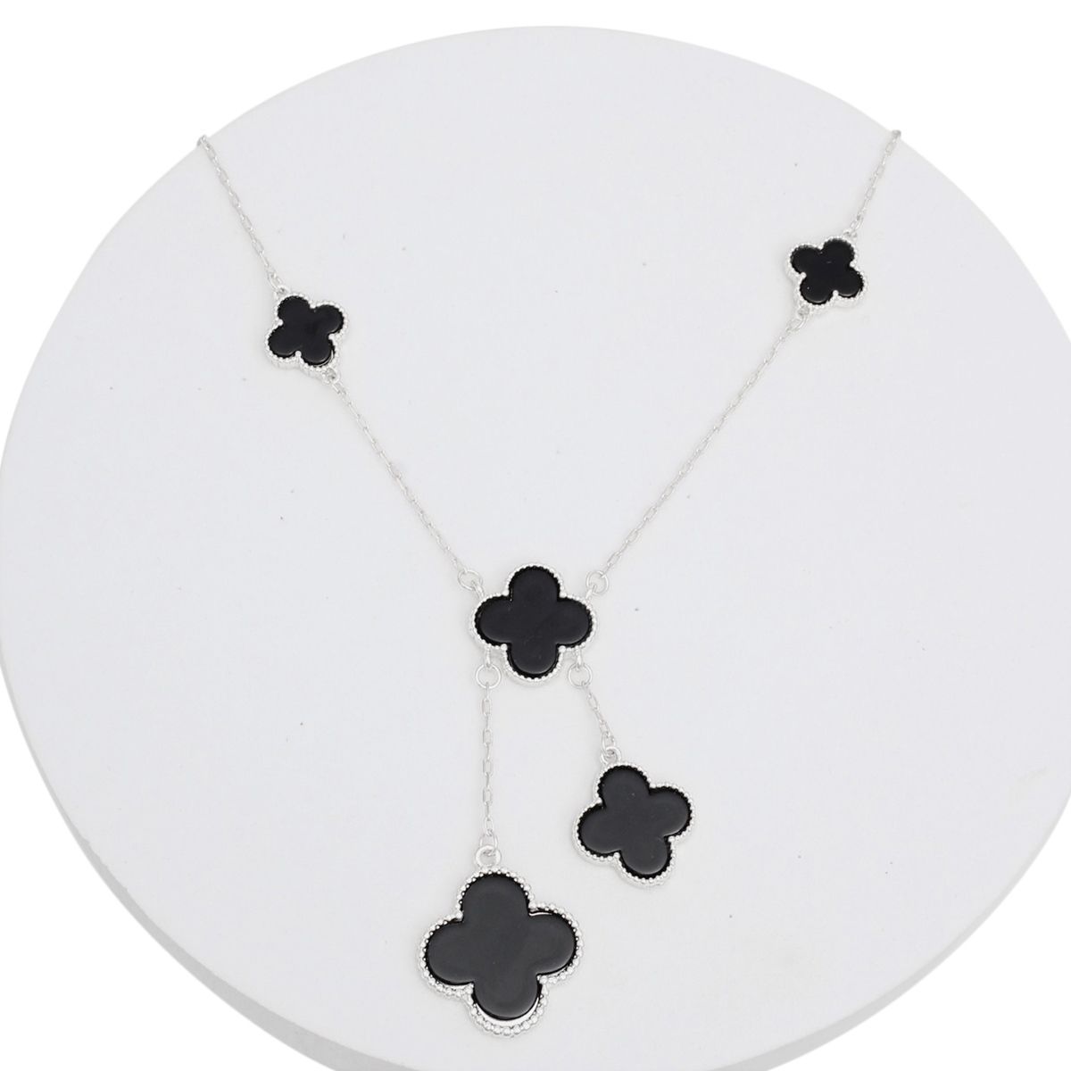 Charm Drop Black Quatrefoil Clover Silver Necklace