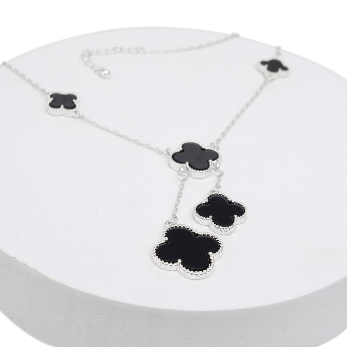 Charm Drop Black Quatrefoil Clover Silver Necklace