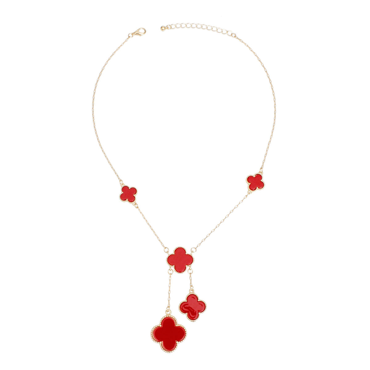 Charm Drop Red Quatrefoil Clover Gold Necklace