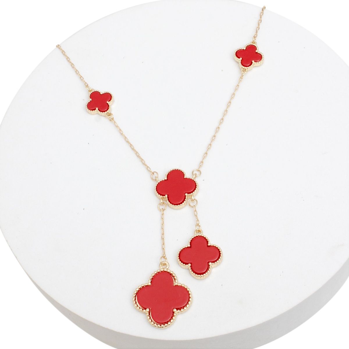 Charm Drop Red Quatrefoil Clover Gold Necklace