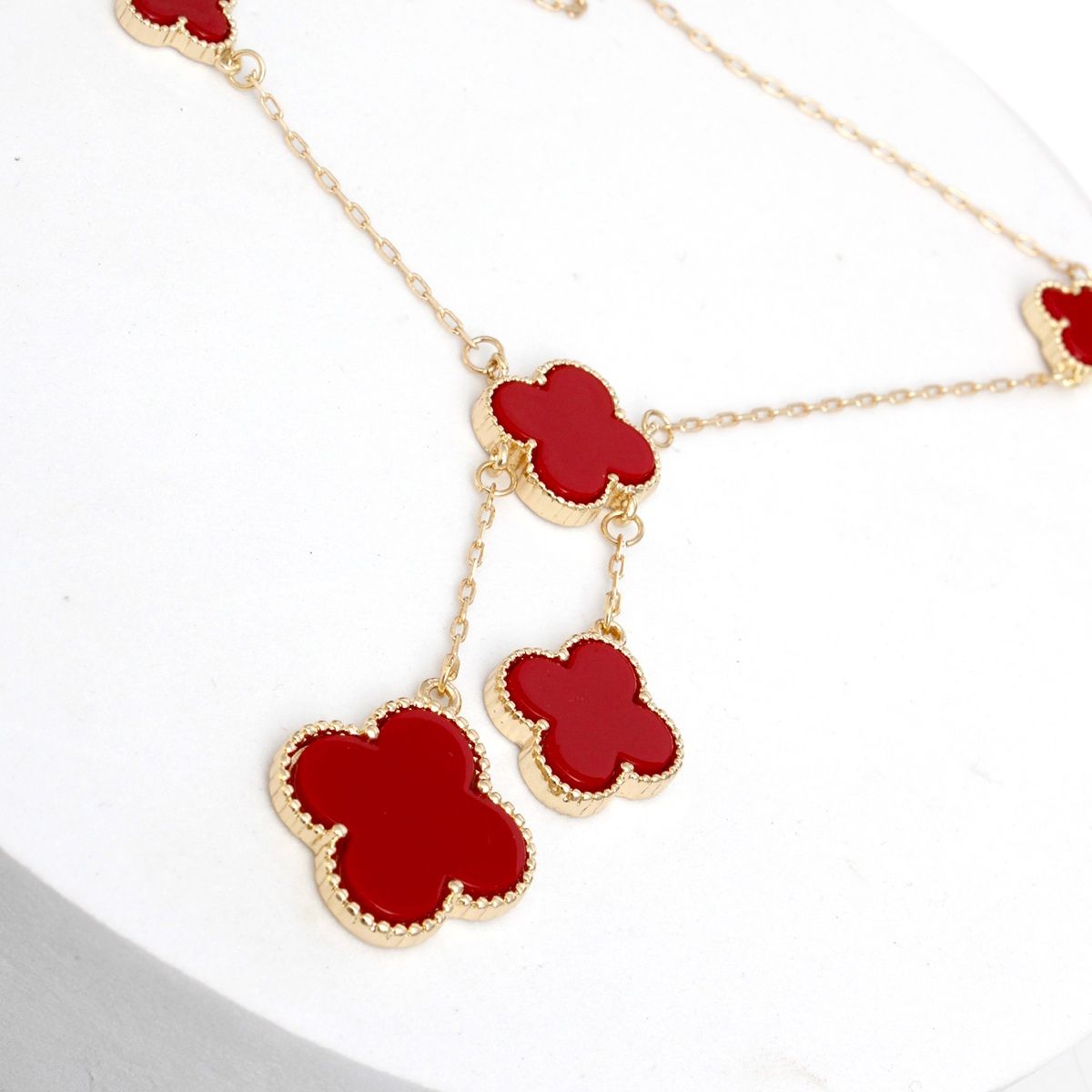 Charm Drop Red Quatrefoil Clover Gold Necklace