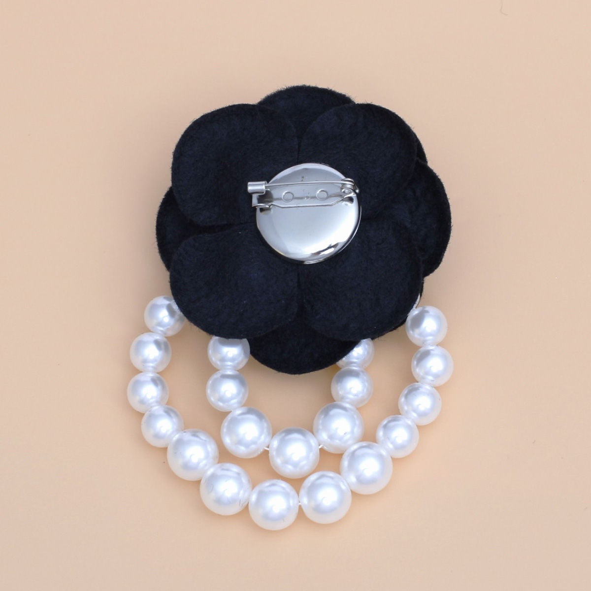 Brooch Black Flower Draped White Pearls Pin