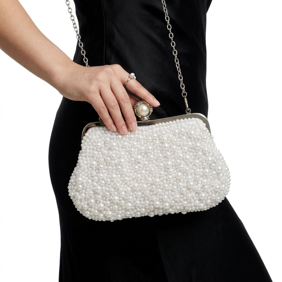 White Pearl Hand Sewn Bridal Clutch Evening Bag