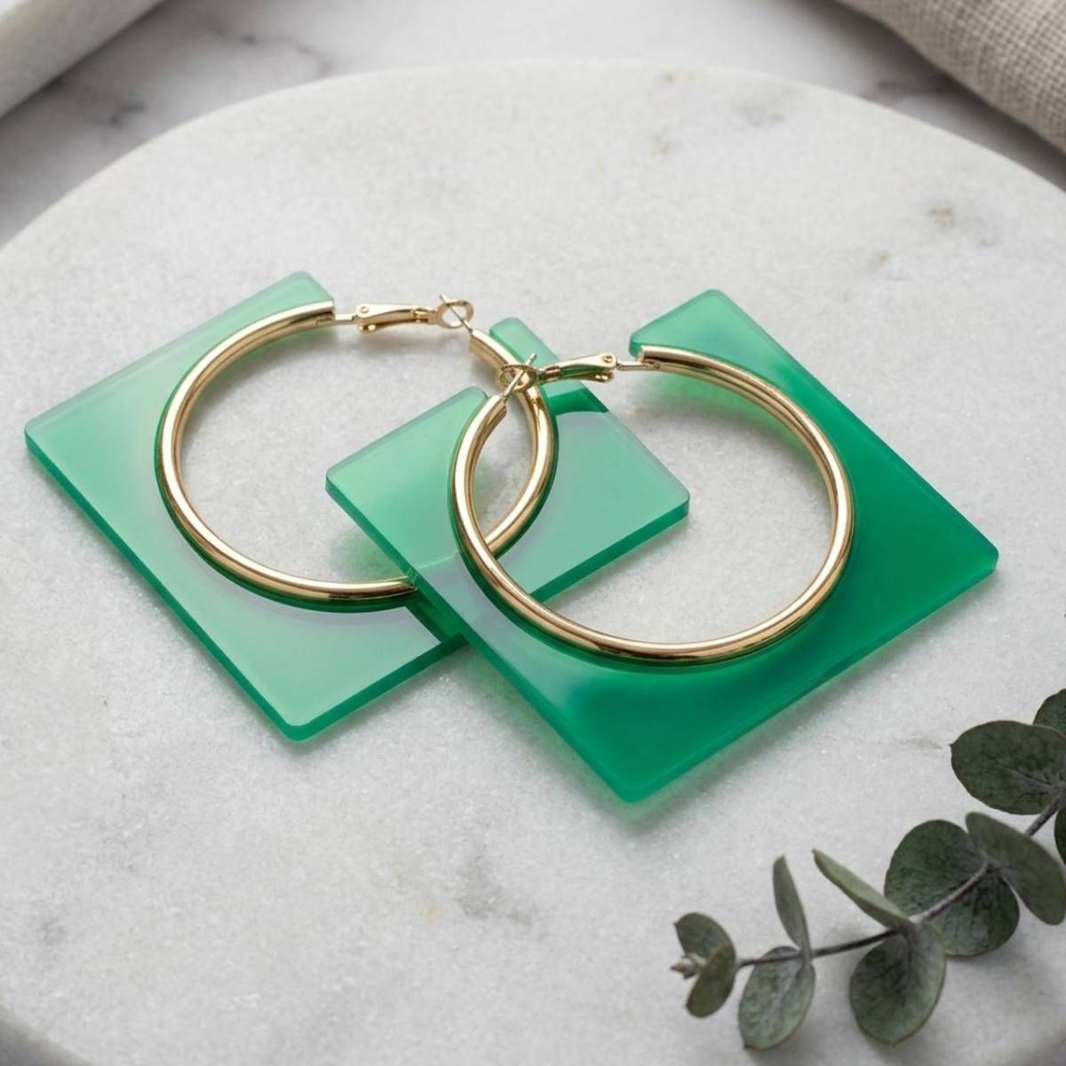 Hoop Neon Green Square Acrylic Gold Earrings