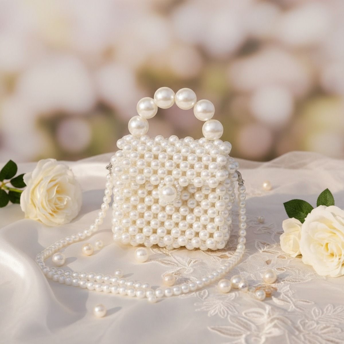 Micro Top Handle Cream Pearl Woven Handmade Bag