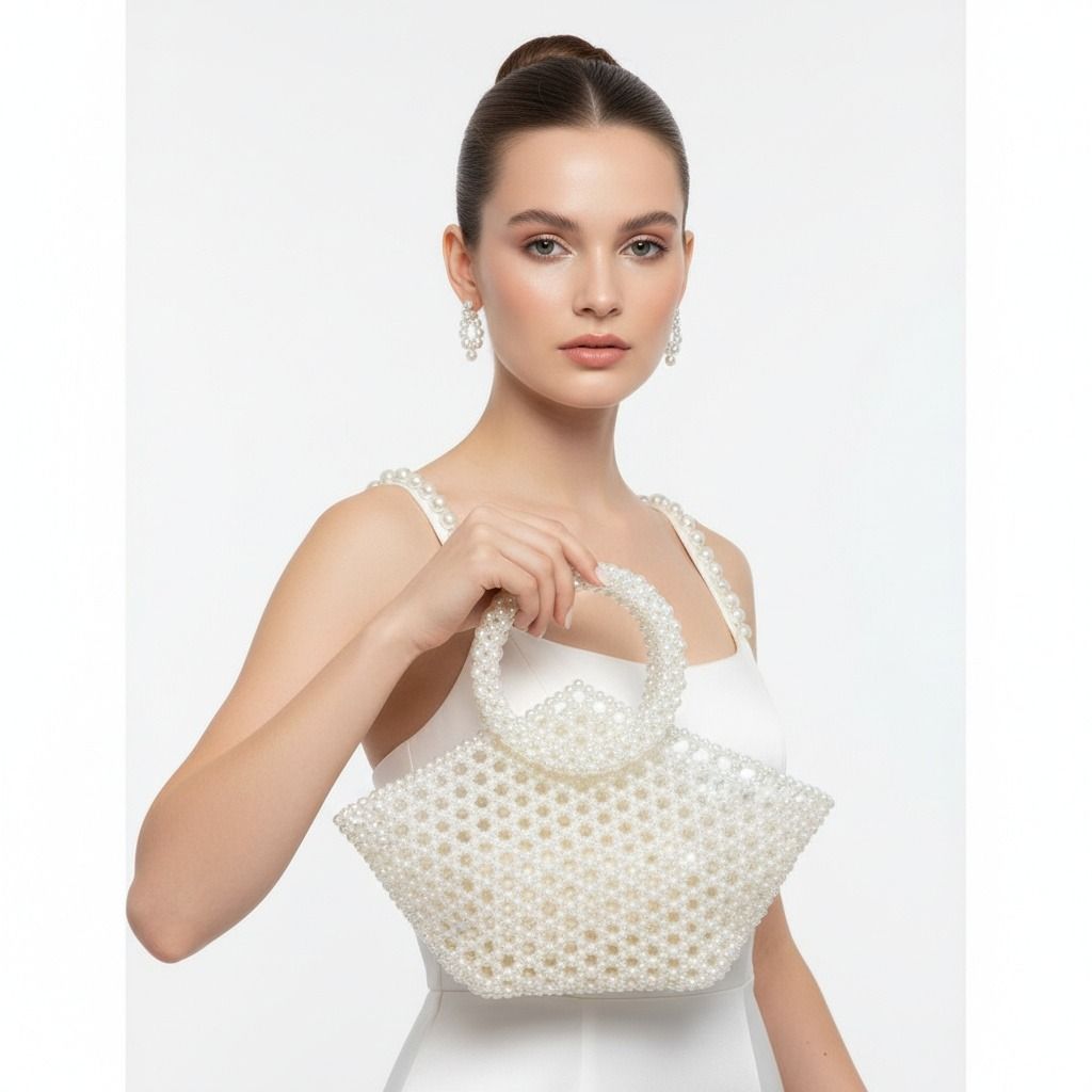 Top Handle Trapeze White Pearl Woven Handbag Bag