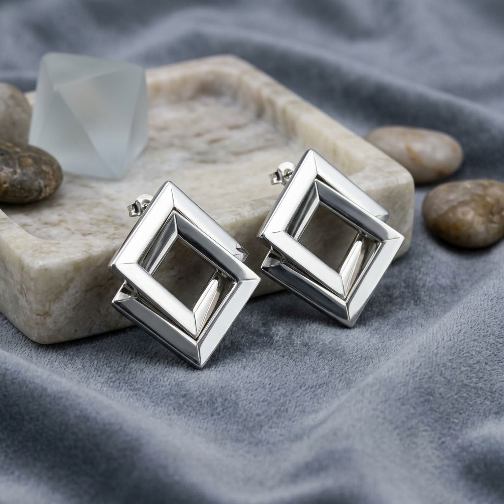 Stud Silver Interlocking Frame Structured Earrings