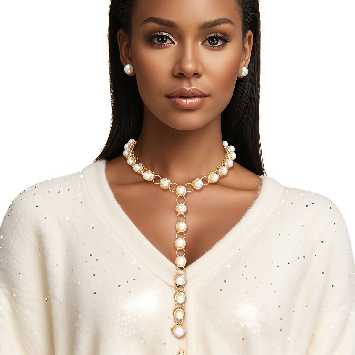 Y Necklace Gold Round Link Cream Pearl Set Women