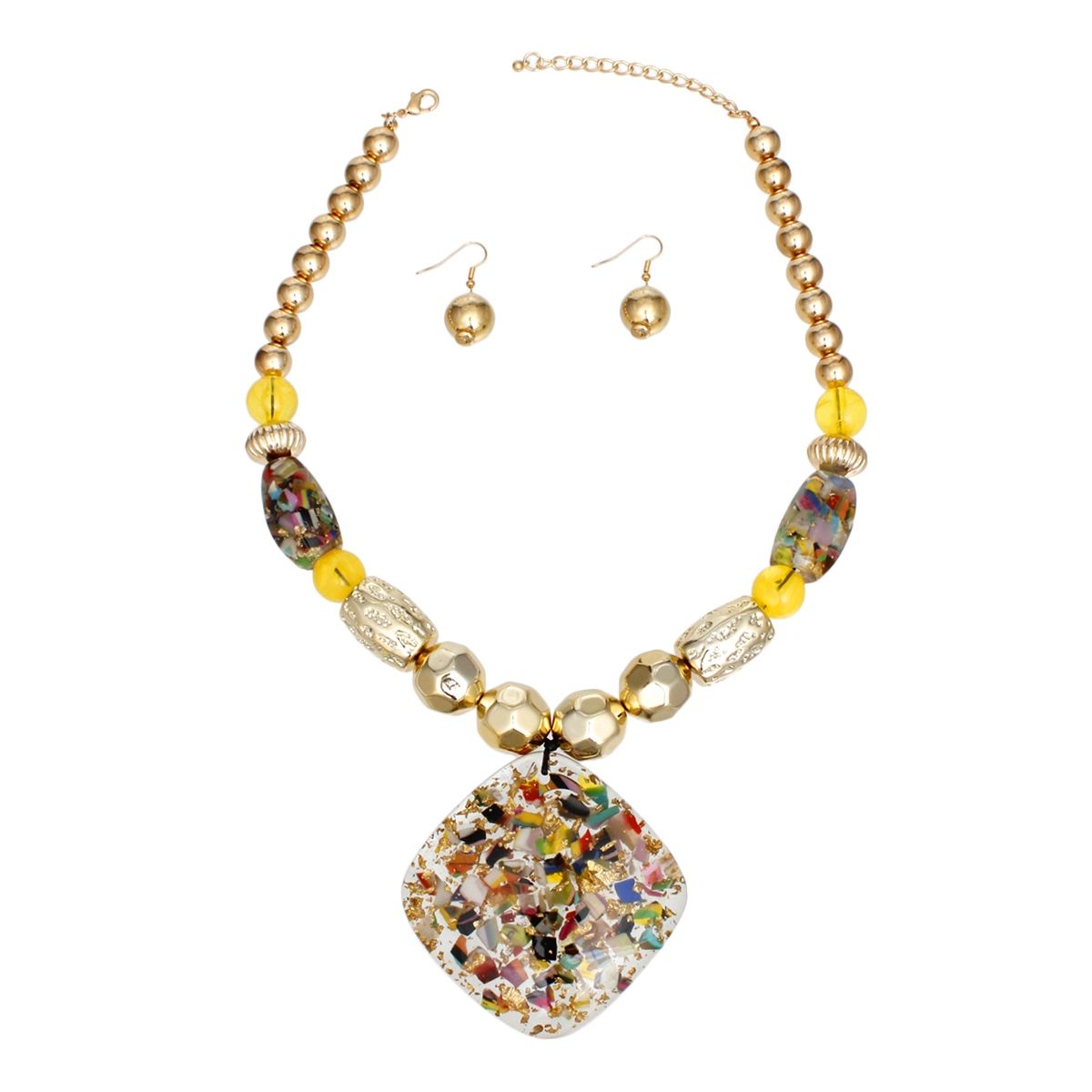 Necklace Gold Bead Multicolor Resin Pendant Set