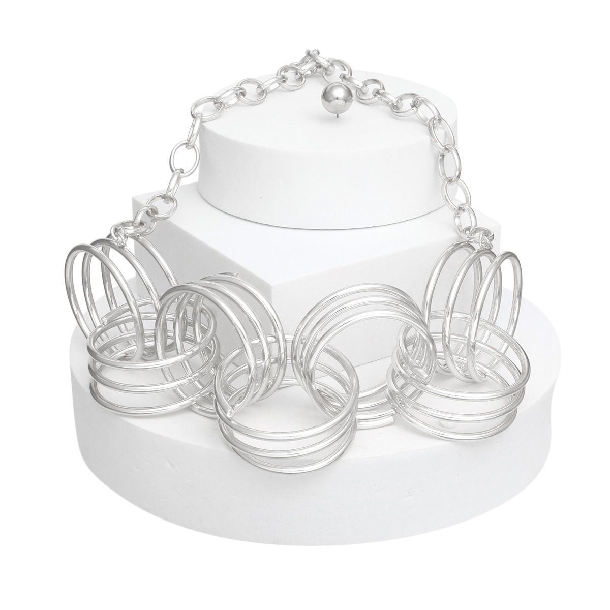 Collar Silver Chunky Coiled Wire Rings Necklace