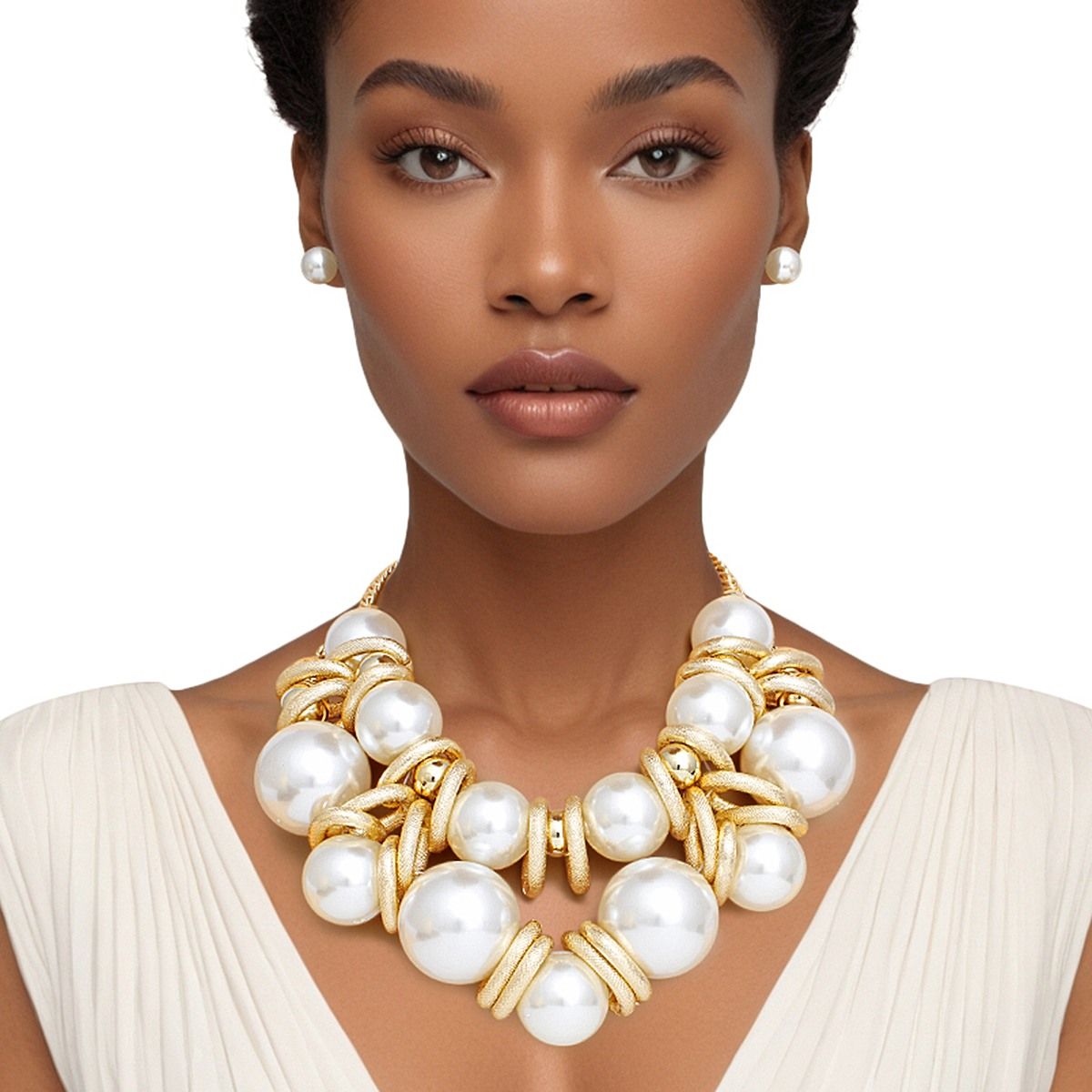 Necklace Jumbo Cream Pearl Gold Link Bib Set Women