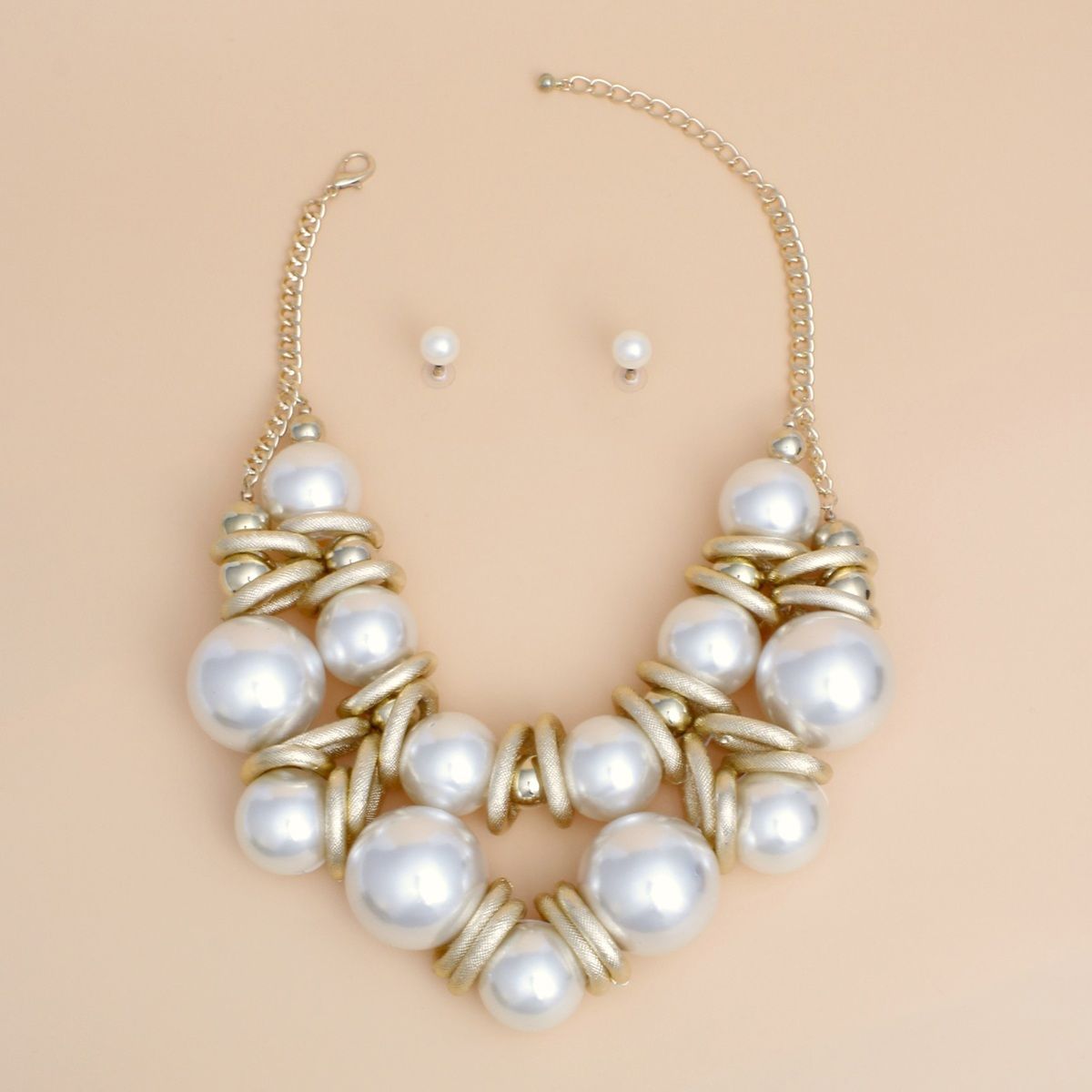 Necklace Jumbo Cream Pearl Gold Link Bib Set Women