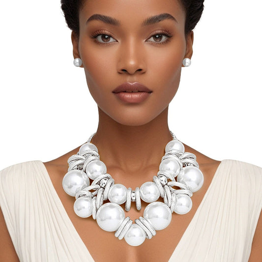 Necklace Jumbo White Pearl Silver Link Bib Set