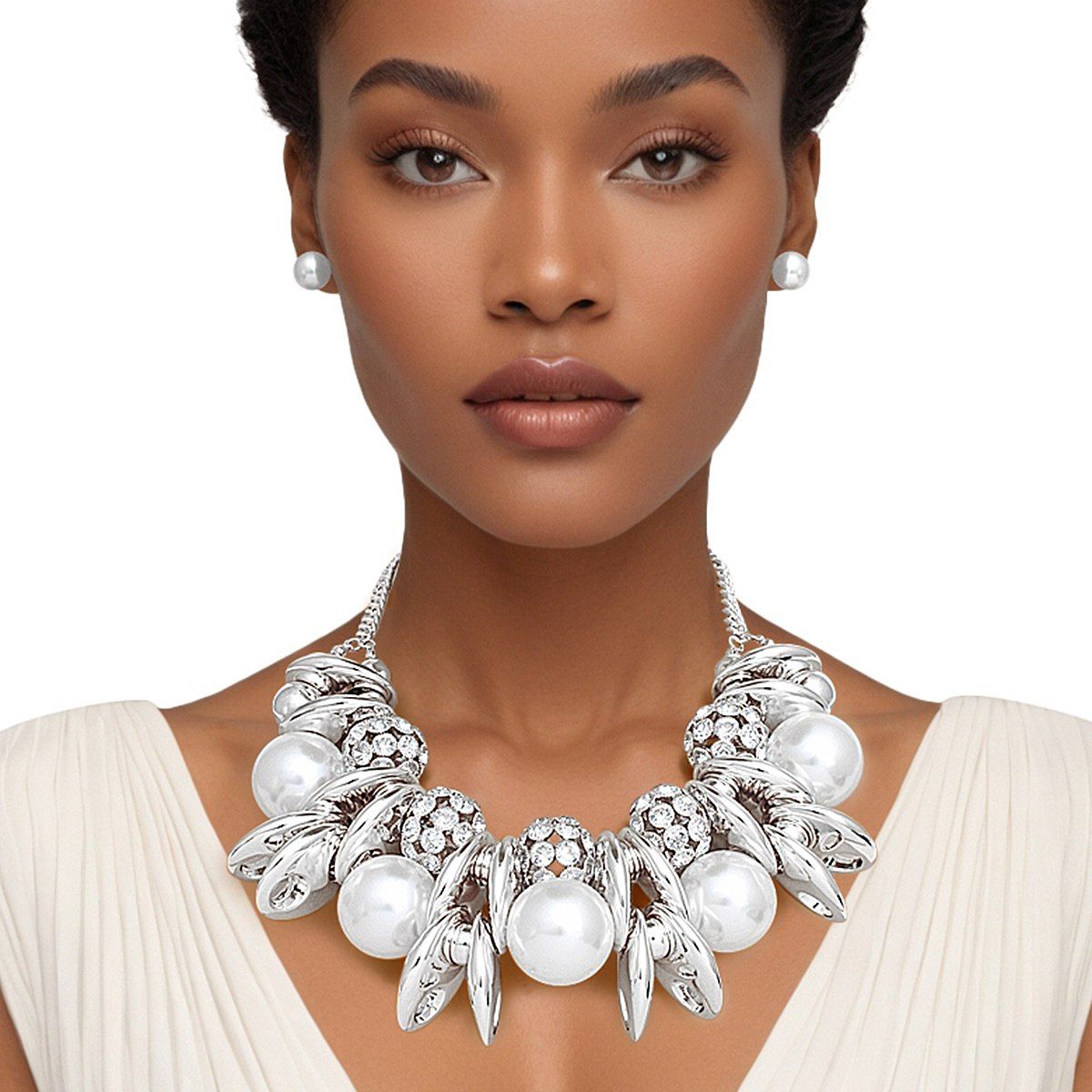 Necklace High Impact Silver Pearl Glam Bib Set