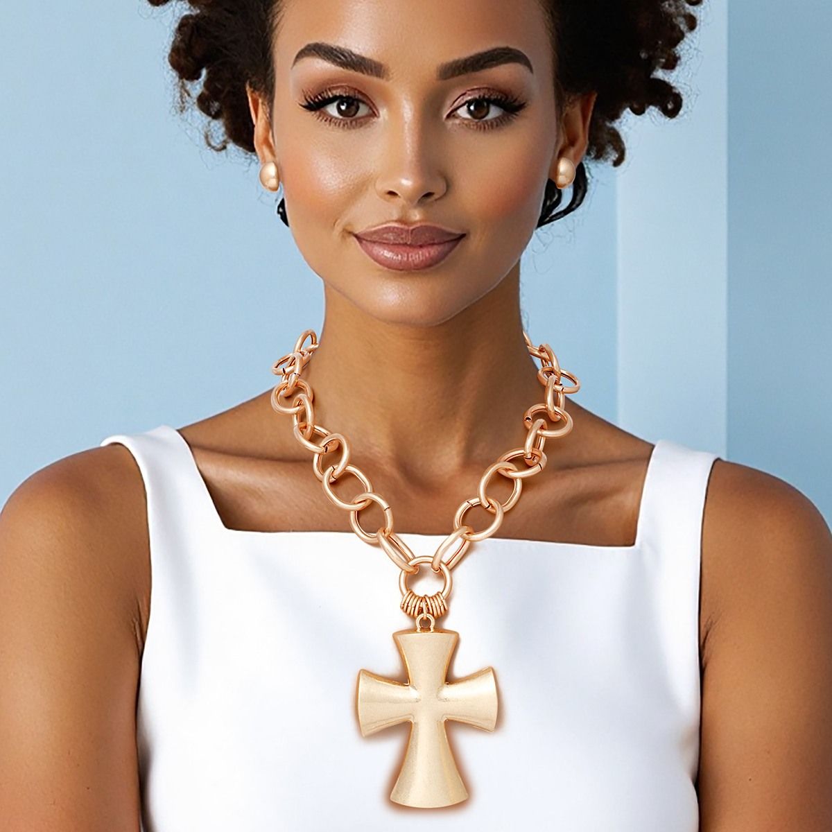Pendant Chunky Matte Gold Cross Chain Necklace