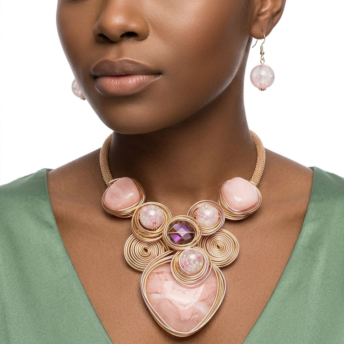 Soft Pink Coiled Wire Heart Handmade Bib Necklace