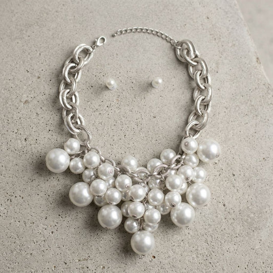White Pearl Cluster Opulent Chunky Bib Necklace