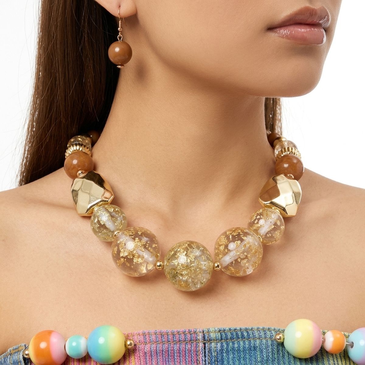 Earthy Brown Gold Flake Marble Beaded Necklace