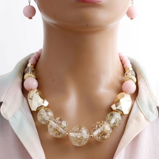 Blush Pink Gold Flake Marble Beaded Necklace