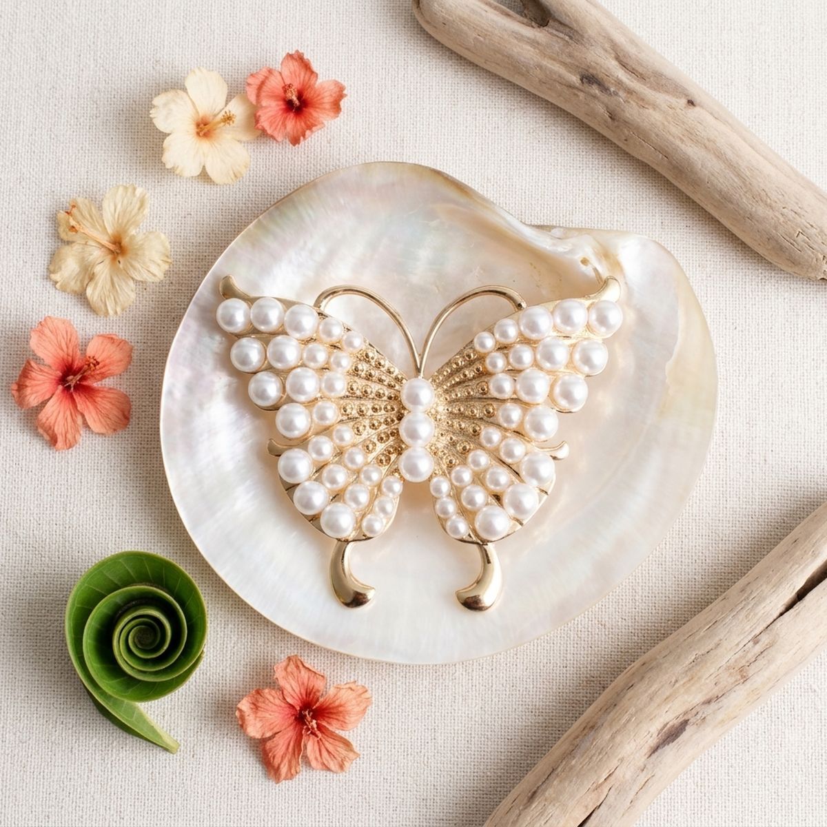 Gold Butterfly Large Brooch Pin with Pearls