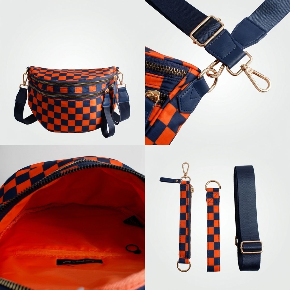 Navy & Orange Checkered Nylon Crossbody Sling Bag