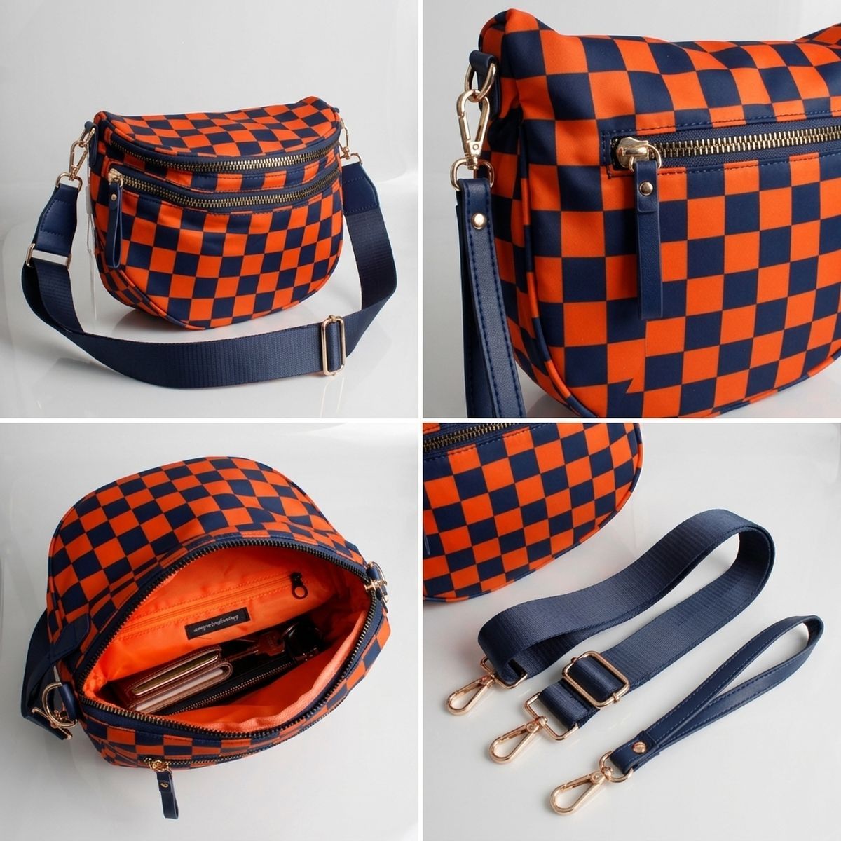 Navy & Orange Checkered Nylon Crossbody Sling Bag