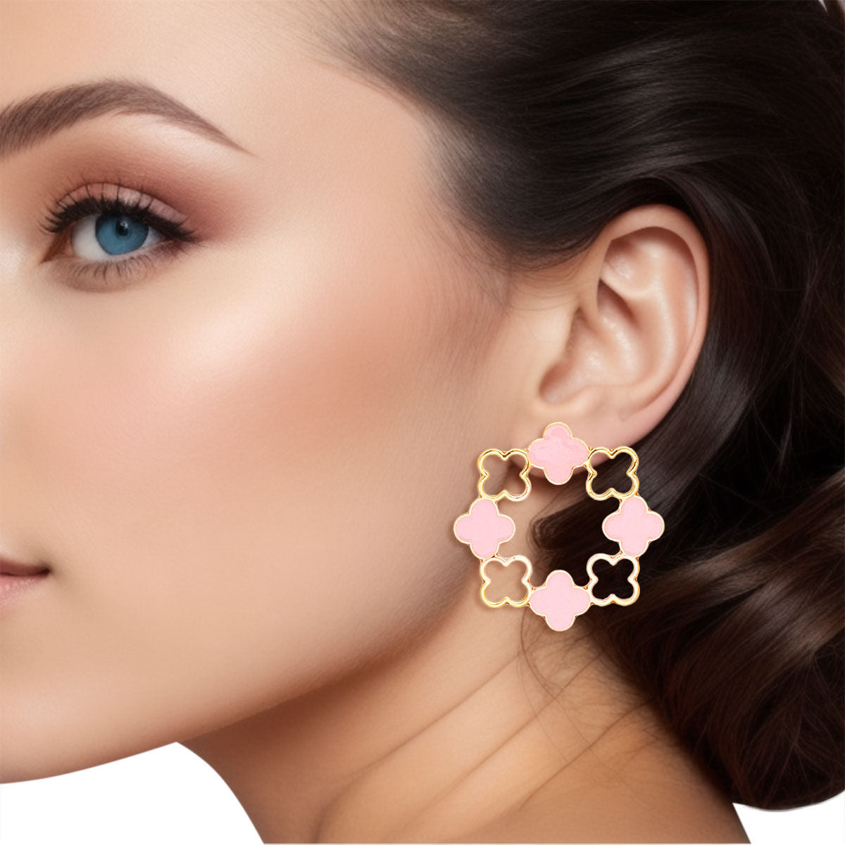 Stud Gold Clover Wreath Pink Earrings for Women