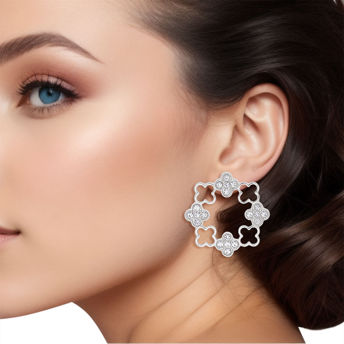 Stud Silver Clover Wreath Stone Earrings for Women