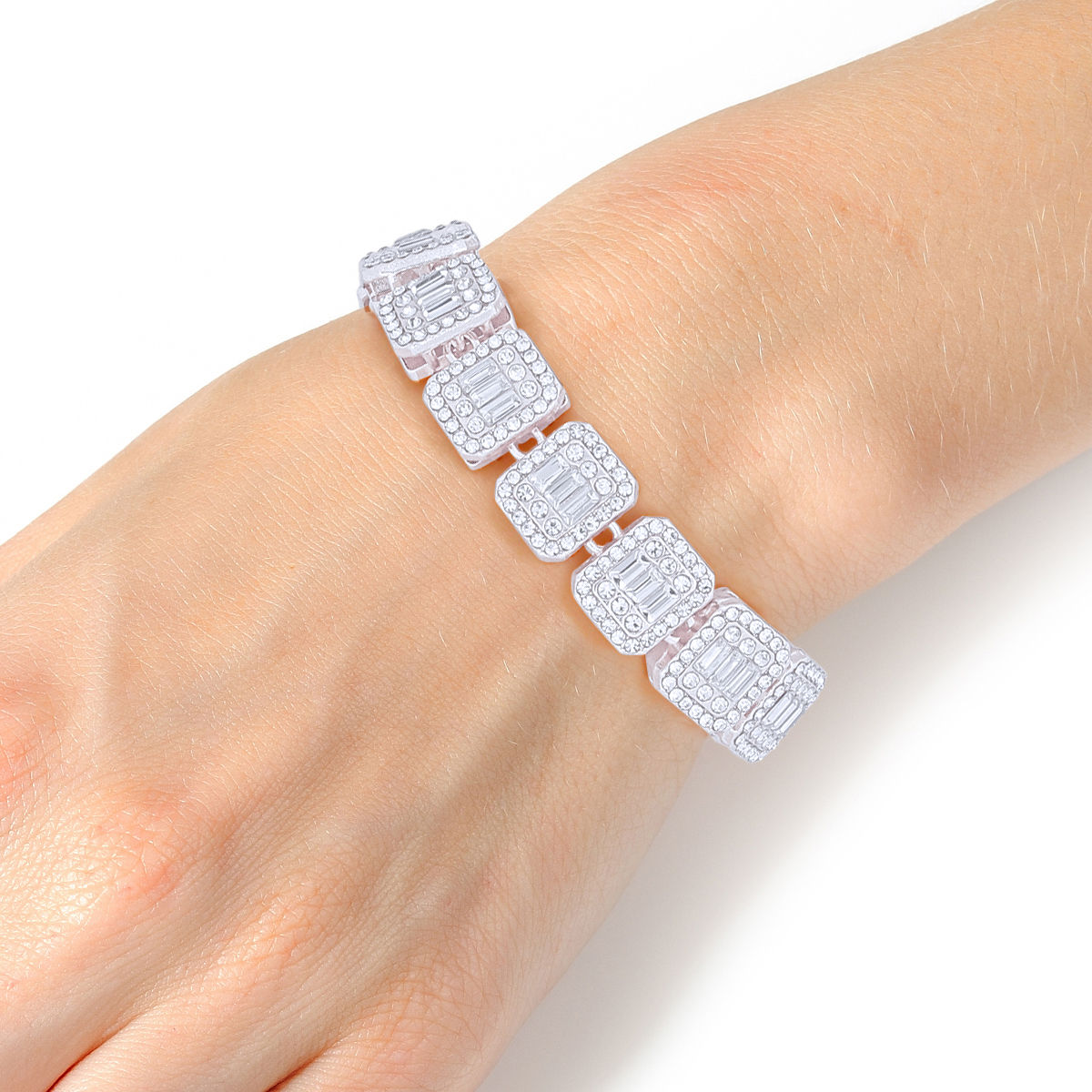 Chain Bracelet Iced Silver Square Halo Baguette