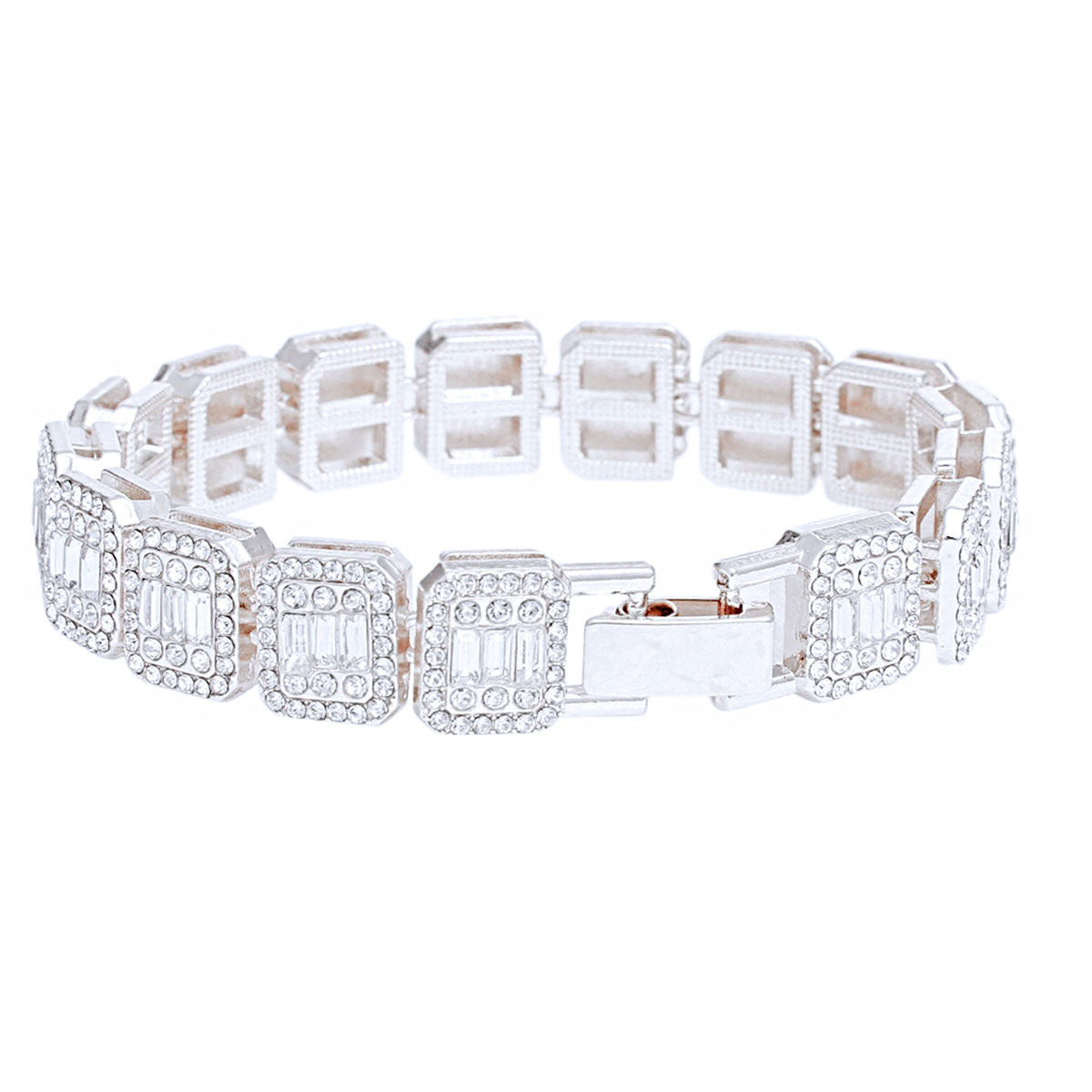 Chain Bracelet Iced Silver Square Halo Baguette