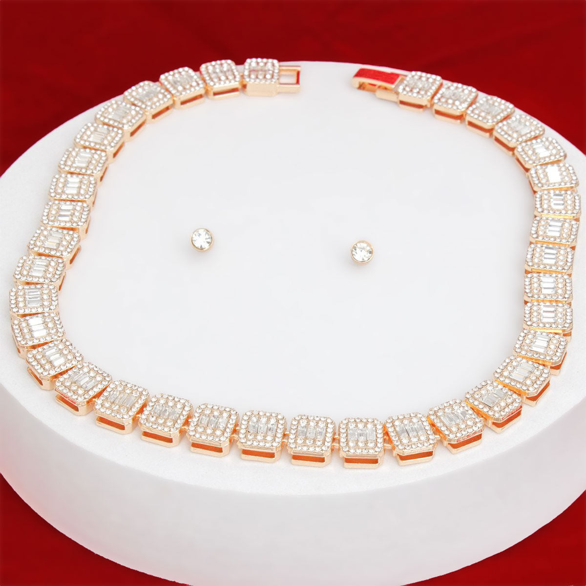 Chain Gold Square Halo Baguette Iced Necklace Set