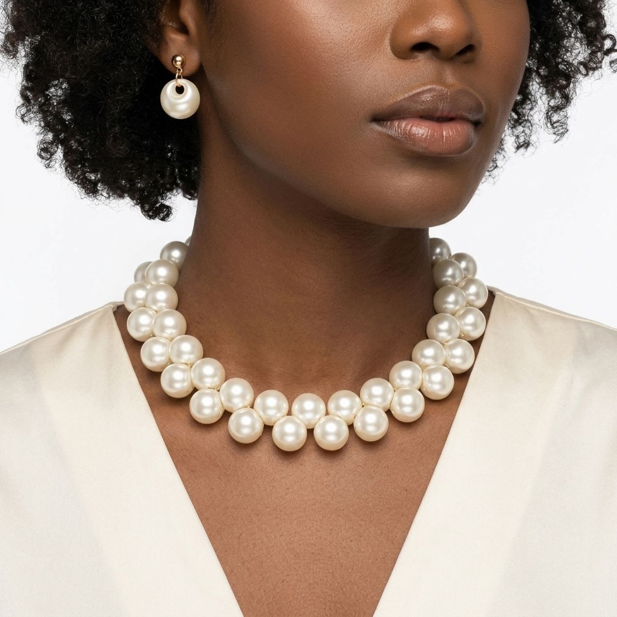 Flat Bottom Woven Cream Pearl Cluster Necklace