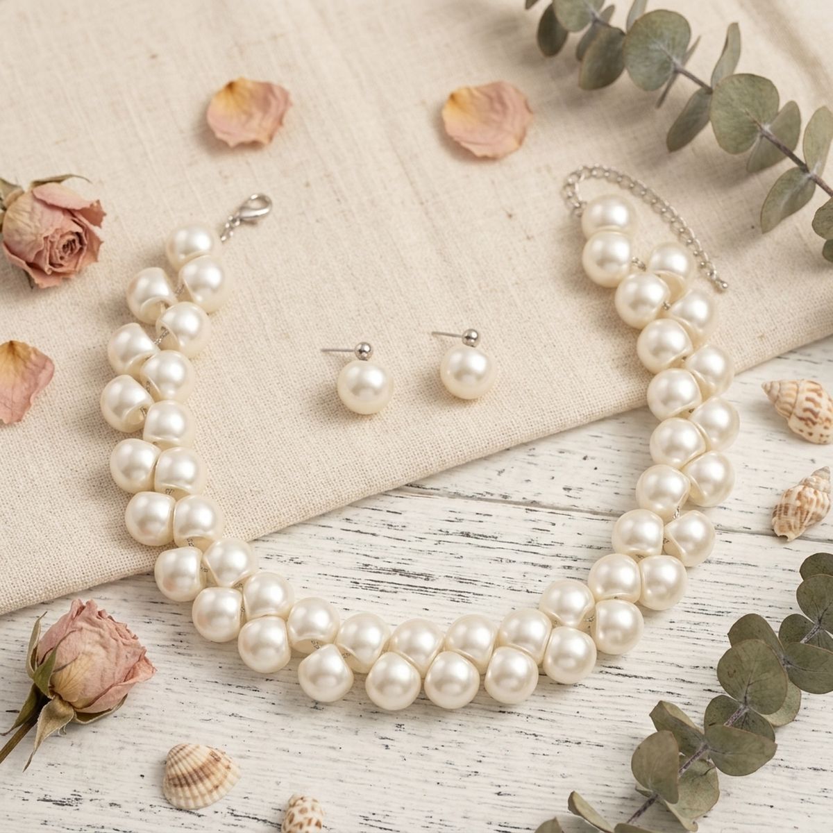 Flat Bottom Woven White Pearl Cluster Necklace