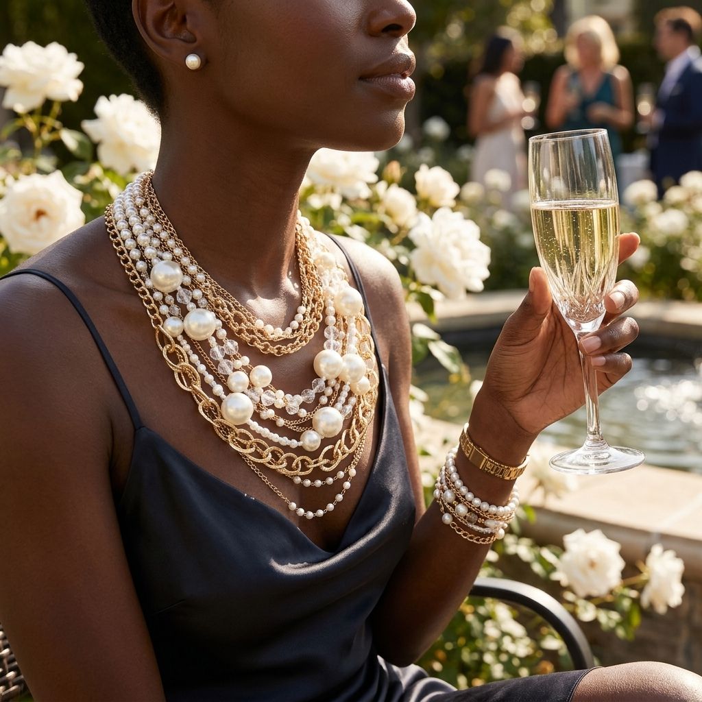 Cream Pearl 13 Strand Layered Gold Chain Necklace