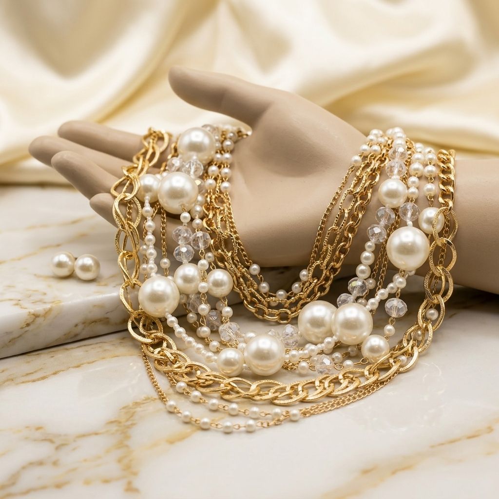 Cream Pearl 13 Strand Layered Gold Chain Necklace