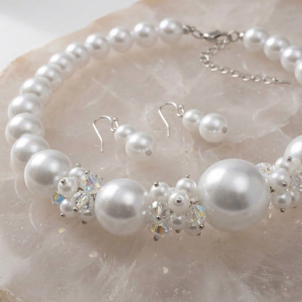 White Pearl Bead Cluster Single Strand Necklace
