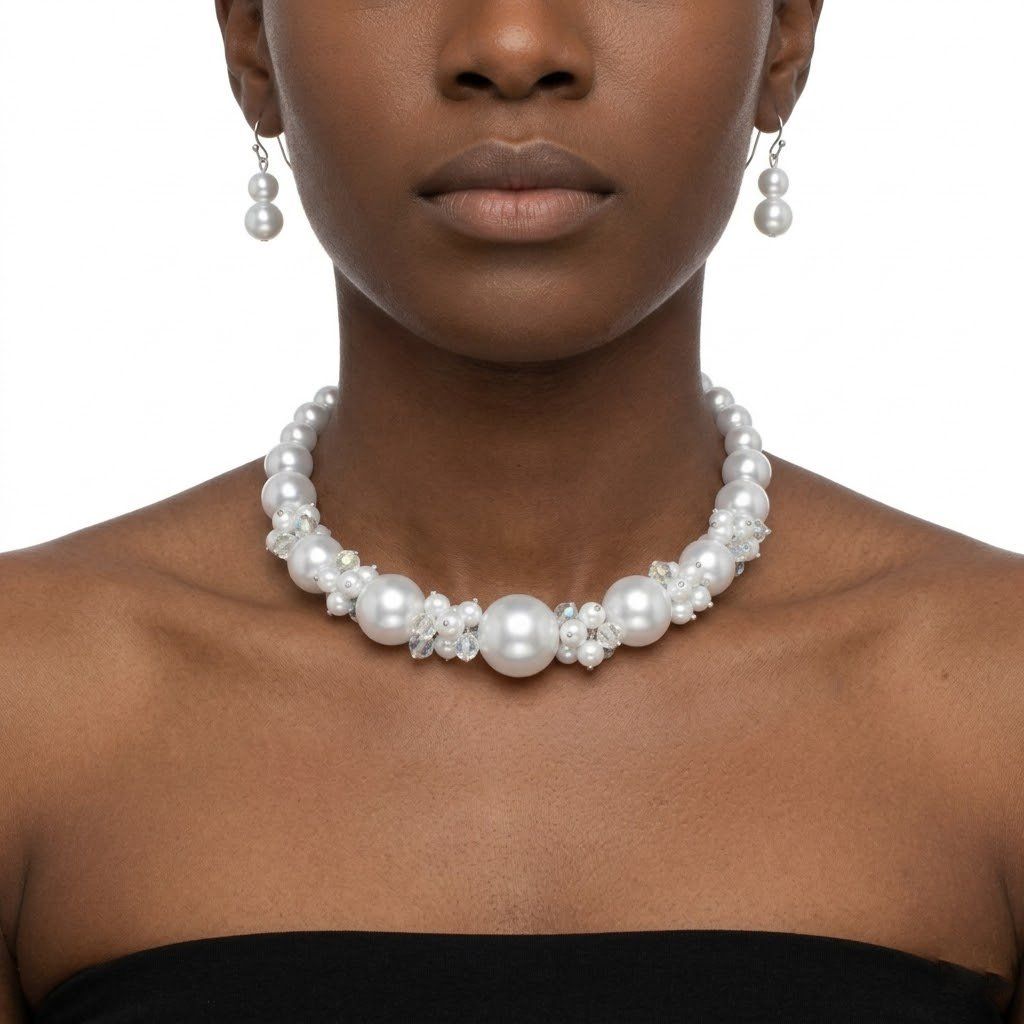 White Pearl Bead Cluster Single Strand Necklace