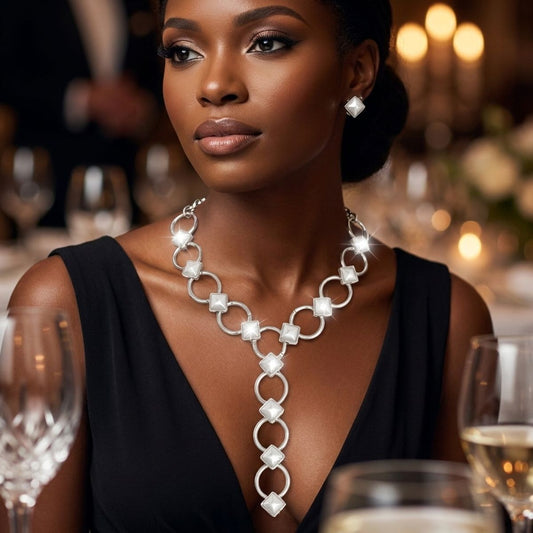Y Silver Round Link White Pearl Pyramid Necklace