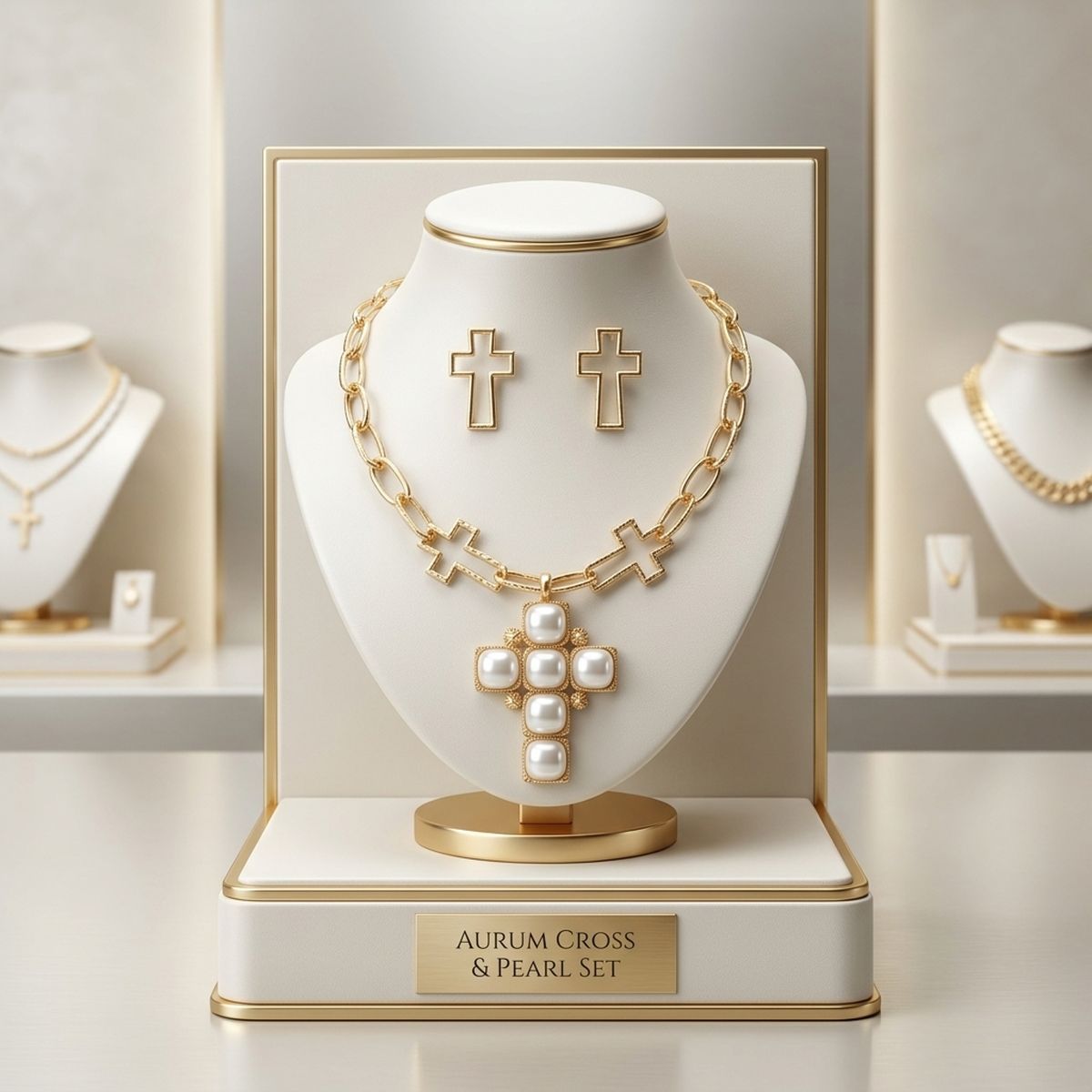Cream Pearl Cross Pendant Gold Chain Necklace